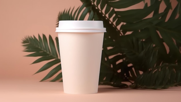 A coffee cup with a lid on it sits on a pink table next to a tropical plant.