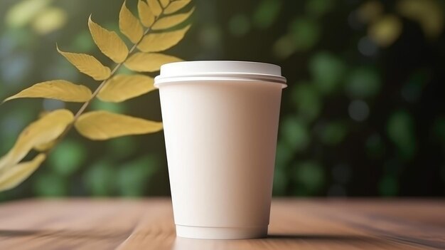 A coffee cup with a lid on it sits on a wooden table.