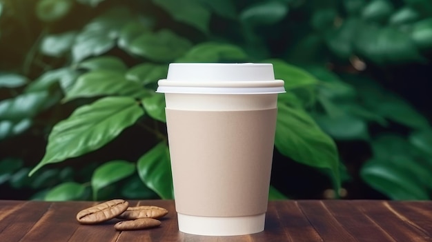 A coffee cup with a lid on it and some peanuts on a wooden table.