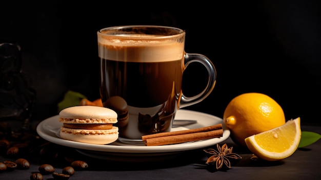 Coffee cup with macaroon cinnamon and dried lemon