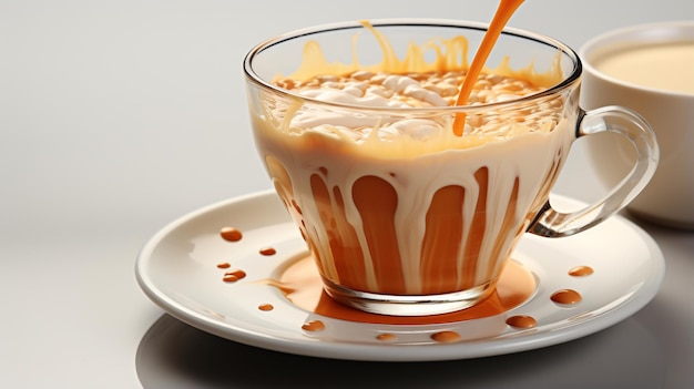 coffee in a cup with Milk is poured into a cup on white background