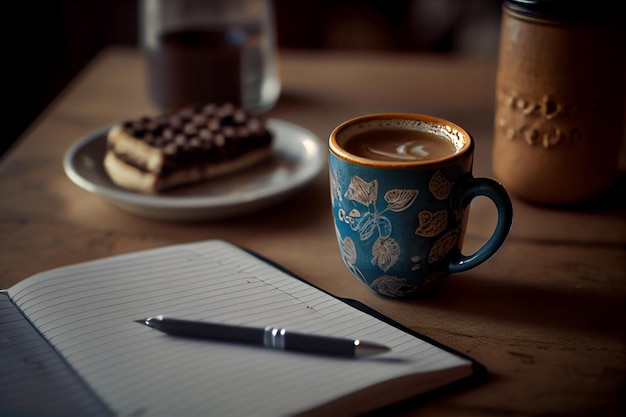 Coffee cup with notebook and pen on wooden table in coffee shopgenerative ai