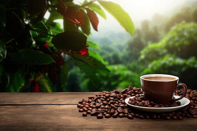 Coffee cup with organic beans on wooden table plantation background and copy space