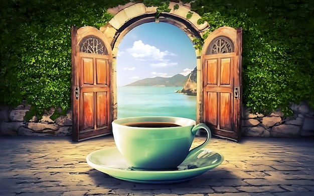 Photo a coffee cup with a paradise door in the background