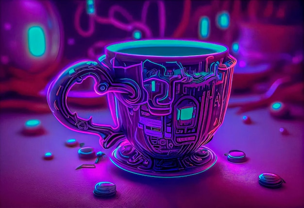 A coffee cup with a purple background and the words robot on it