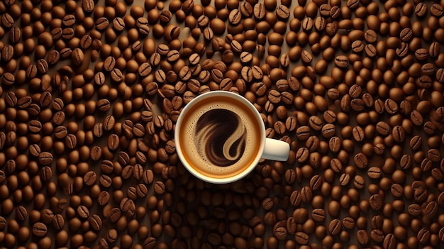 Coffee cup with roasted beans background Top view coffee grains illustration Generative AI