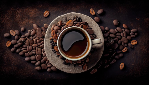 Coffee cup with roasted beans on stone background Top view with Generative AI Technology