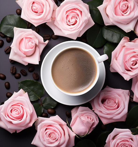 Coffee cup with roses flowers