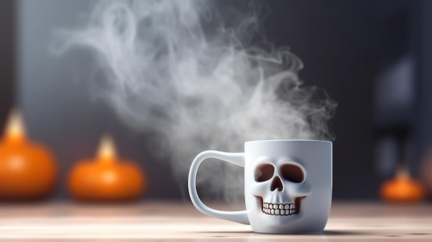 Coffee cup with skull and candles Halloween concept 3D Rendering