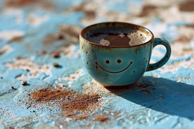 写真 グランジの背景にスマイリーフェイスが描かれたコーヒーカップ