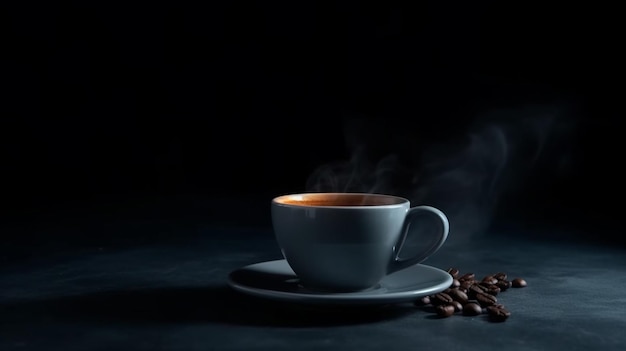 Coffee cup with smoke isolated on dark background Coffee cup and coffee beans on table