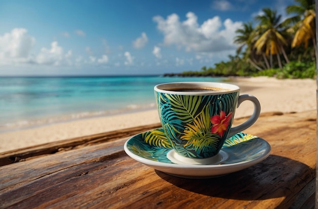 Photo coffee cup with a tropical beach sett