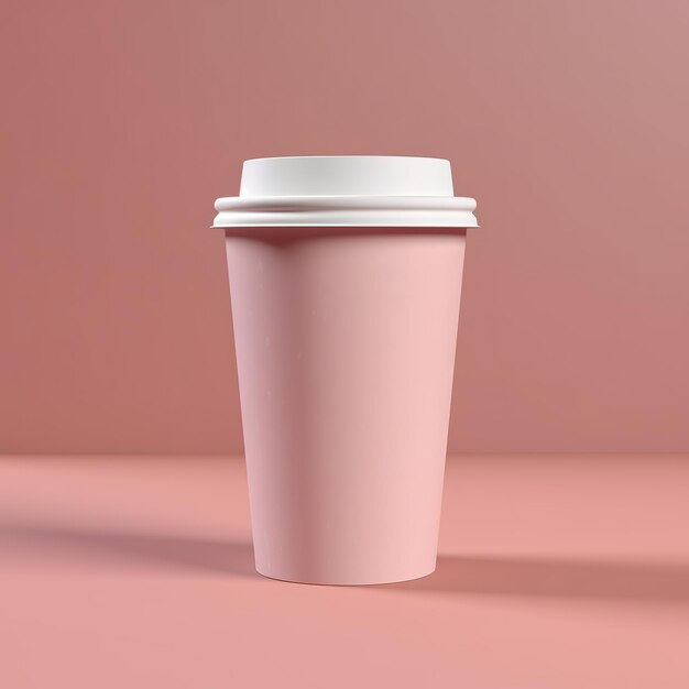 A coffee cup with a white lid sits on a pink background