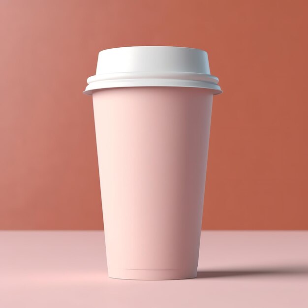 A coffee cup with a white lid sits on a pink background