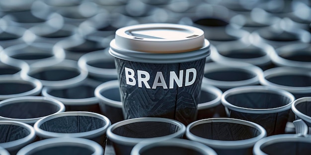 Photo a coffee cup with the word brand written on it is placed in an endless pile of gray paper cups in a closeup shot