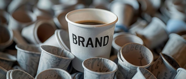 Photo a coffee cup with the word brand written on it is placed in an endless pile of gray paper cups in a closeup shot