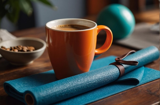 Photo coffee cup with a yoga mat and exerci