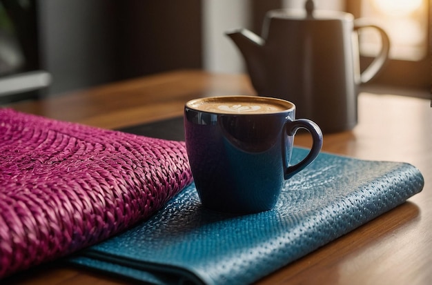 Photo coffee cup with a yoga mat and exerci