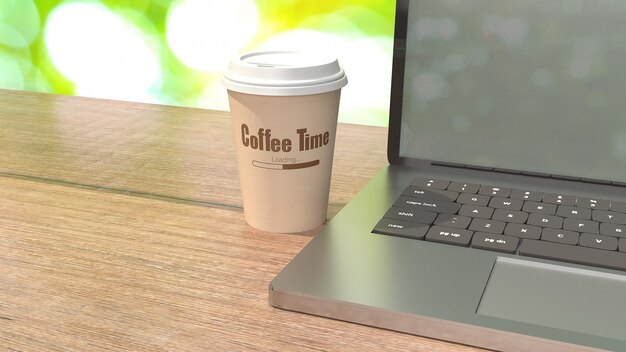 Coffee cup on wood table 3d rendering