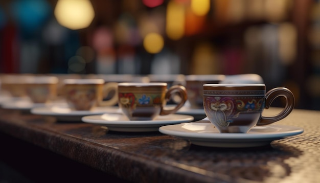 Кофейная чашка на деревянном столе в кафе с тарелкой, сгенерированной искусственным интеллектом