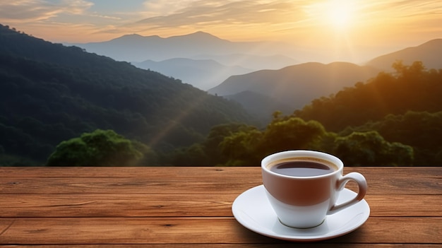 Coffee cup on wood table and view of beautiful nature background AI Generative