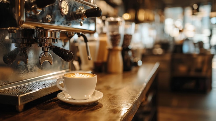 Photo coffee cup on a wooden counter with espresso machine in cafe