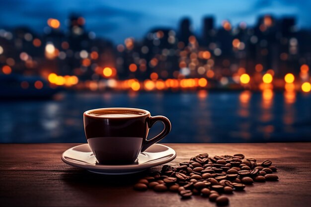 coffee cup on wooden plank with seascape at night