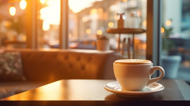 Coffee cup on wooden table in coffee shop with blurred background