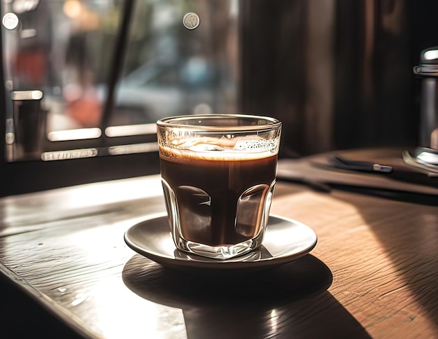 コーヒーショップで木製のテーブルの上のコーヒーカップ