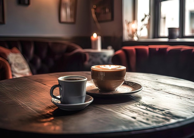 Coffee cup on wooden table in coffee shop