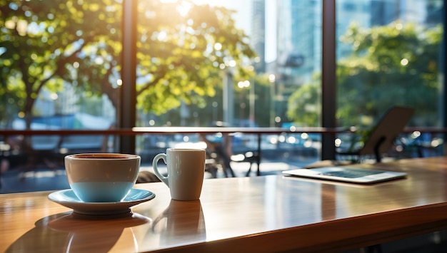 Coffee cup on wooden table in coffee shop