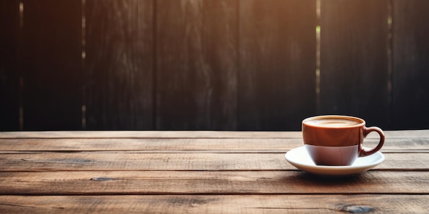 Coffee cup on wooden table domestic setting copy space soft focus takeaway concept