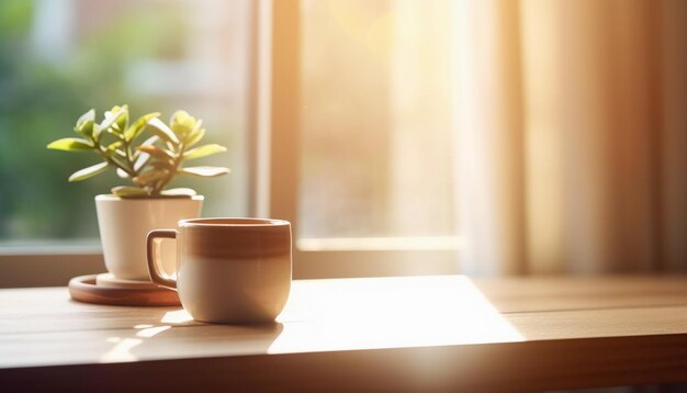 Coffee cup on wooden table in front of window with sunlight