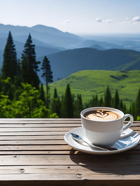 自然の景色を望む山の中の木製テーブルの上のコーヒー カップ