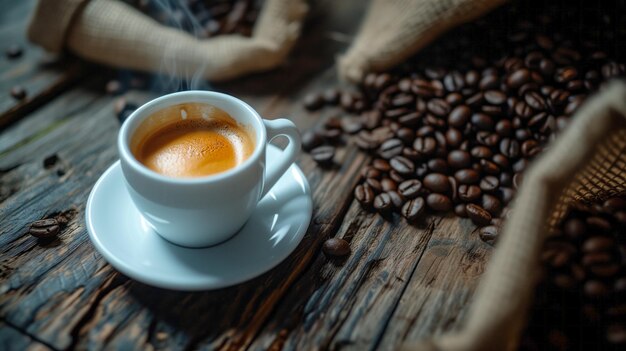 coffee cup wooden table seen from above