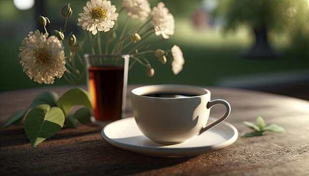 Coffee in cup on wooden table with flowers in spring season calm and relax coffee Generative AI