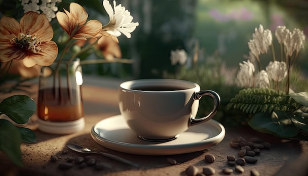 Il caffè in tazza sulla tavola di legno con i fiori nella stagione primaverile calma e rilassa il caffè caldo ia generativa