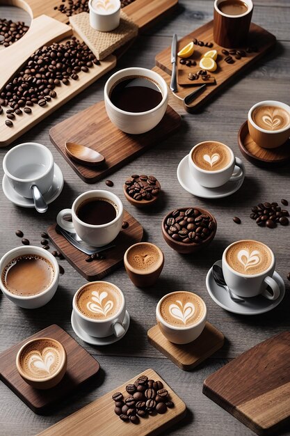 Фото Ассортимент кофейных чашек и деревянных досок под высоким углом