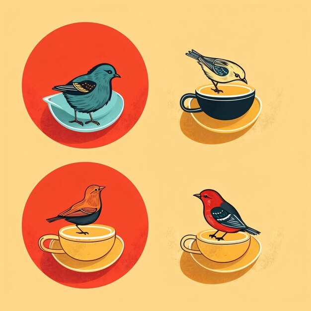 Coffee cups and birds Hand drawn vector illustration Vintage style