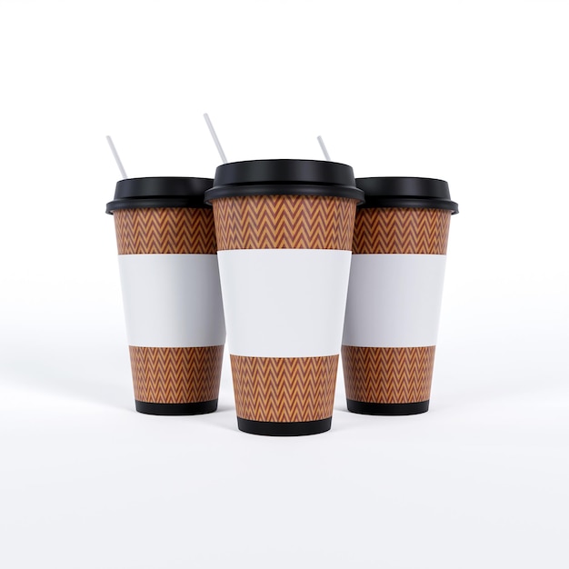 Coffee cups and black lid in front view and white room background