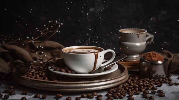 Coffee cups and coffee beans on a table