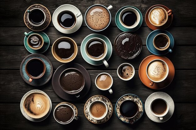 Coffee cups on dark wooden background Generative AI