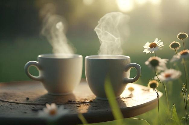 Coffee cups in garden with morning light