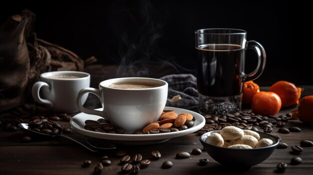 Coffee cups and a glass of coffee on a table with a black background