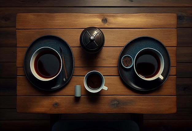Coffee cups on a large wooden table Overhead view AI Generated