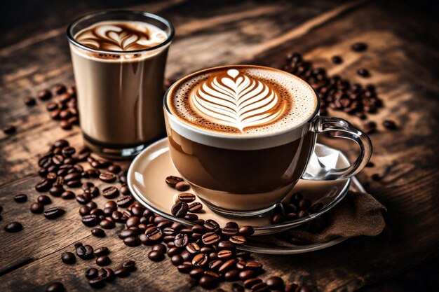 coffee cups and saucers on a wooden table with coffee beans