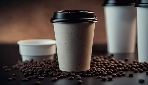 Coffee cups on a table with coffee beans on the table