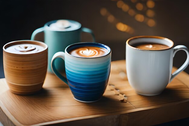 Photo coffee cups on a table with cups of coffee and a cup of coffee.