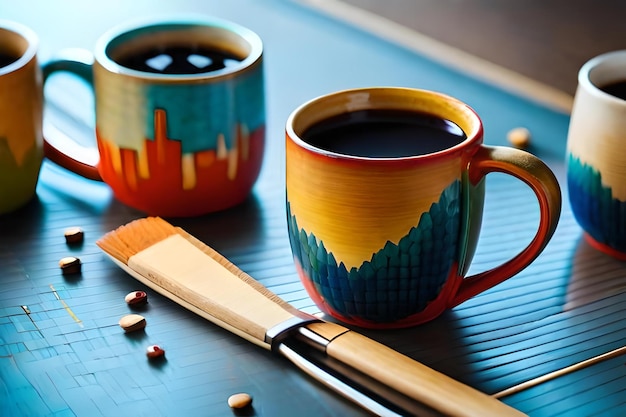 Coffee cups with a city in the background