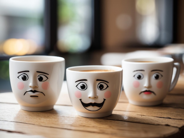 写真 木製のテーブルに変な顔のコーヒー カップ